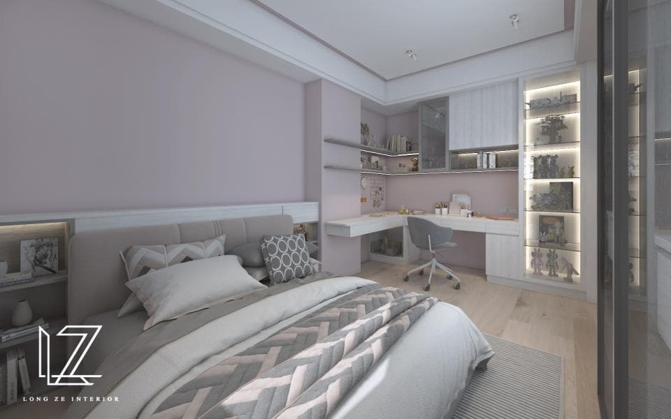 這張照片是一間粉紅色的臥室,房間裡有一張舒適的大床,床頭櫃上擺放著一本書和一個檯燈,營造出溫馨舒適的氛圍。