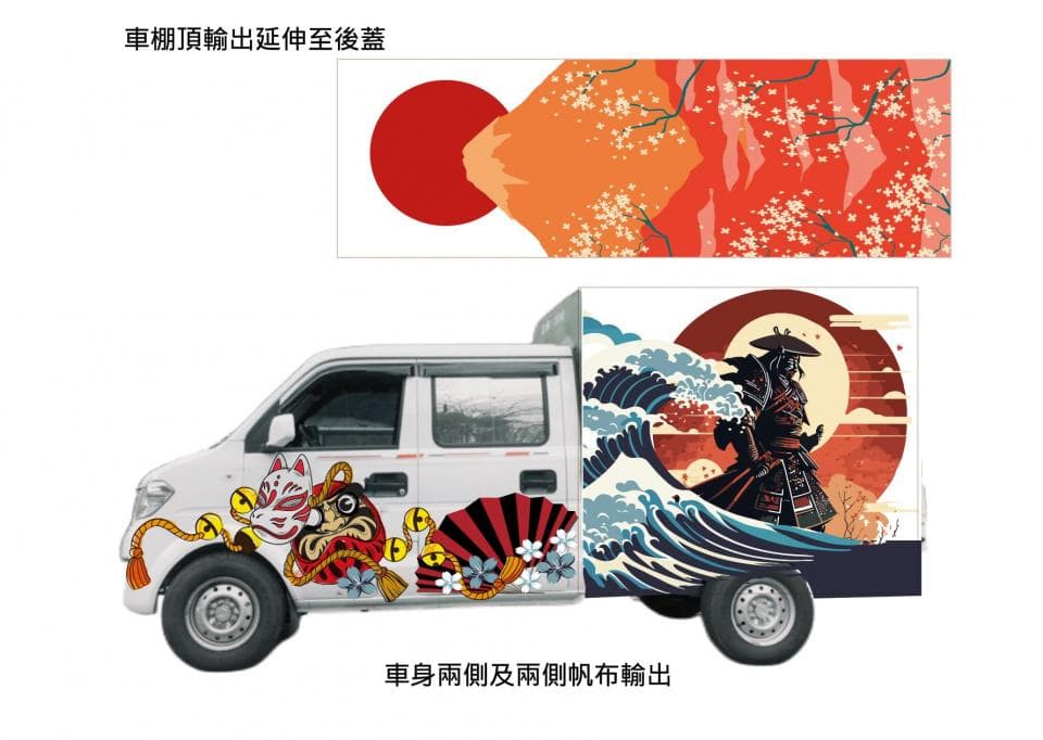 這張照片是一輛白色廂型車,車身上貼滿了日本文化圖案,像是武士、富士山、櫻花和浪潮。車身設計充滿了日本傳統藝術的元素,非常引人注目。