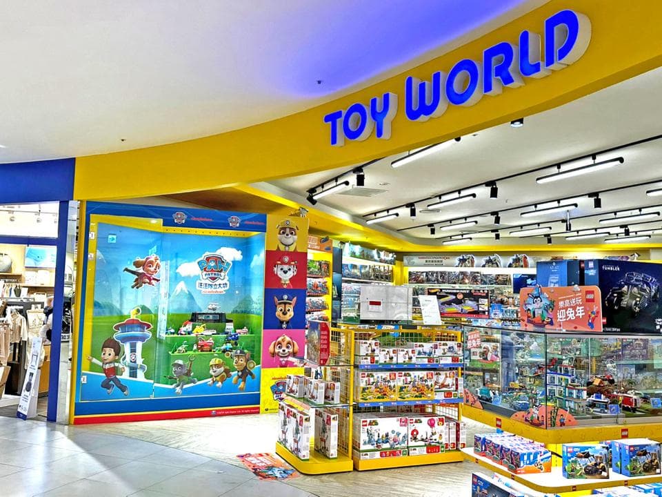 這張照片是一家名為「玩具世界」的玩具店。店裡有各式各樣的玩具,包括模型、積木、娃娃和遊戲等。牆上還有許多卡通人物的圖片,非常吸引小朋友。