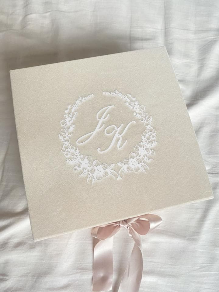 這張「禮物盒」的照片是一個白色禮盒,上面繡著一個花環,花環中間寫著「J&H」。