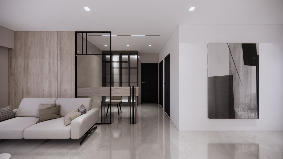 這張「現代簡約風格」的照片是一個寬敞的客廳,牆壁以白色為主,木質地板搭配黑色鐵件隔板,營造出簡潔時尚的氛圍。沙發旁有一個大型的抽象畫,為空間增添了一份藝術感。