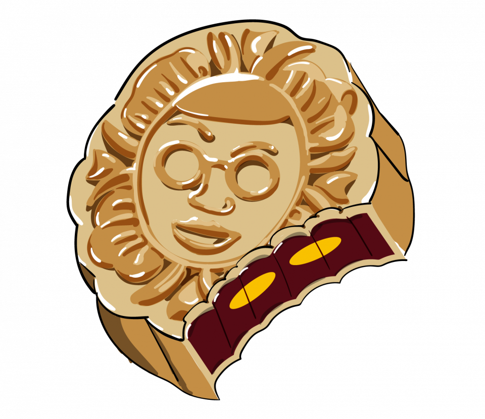 1) 圖像顯示一個月餅,上面印有戴眼鏡的笑臉圖案,月餅周圍有紅色的花邊