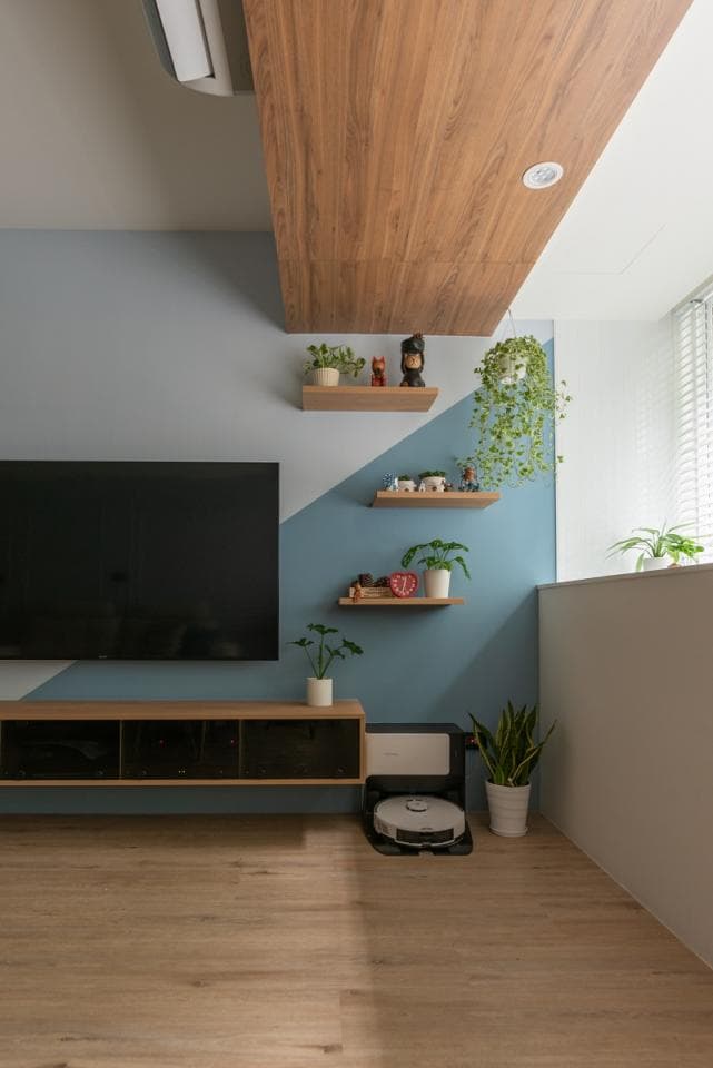 這張「室內設計」的照片是藍色牆壁,木地板,壁架上擺放盆栽,電視櫃,以及掃地機器人。