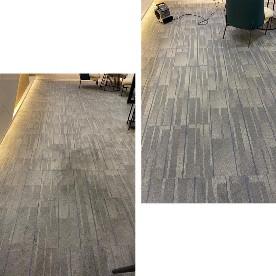 這張照片是兩張不同時間拍攝的同一塊區域的照片,照片中顯示的是同一塊地毯,一張是地毯髒污的狀態,另一張是地毯清潔後的狀態。