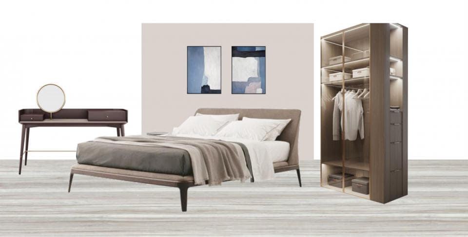 這張「臥室」的照片是一個現代化的臥室,裡面有一張床、一個梳妝臺和一個衣櫃。