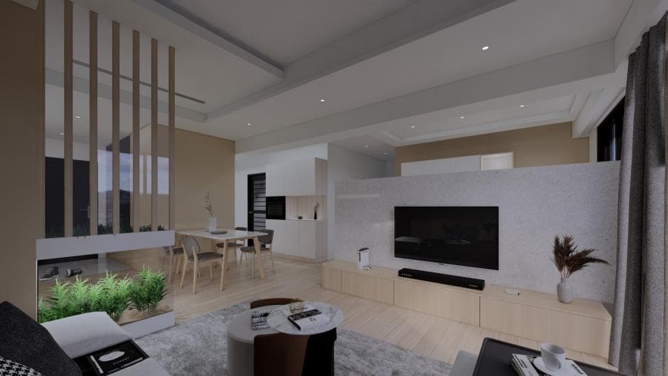 這張「現代化客廳」的照片是一個帶有木質隔板的開放式空間,有沙發、電視和一個咖啡桌。牆壁採用淺色,營造出明亮舒適的氛圍。