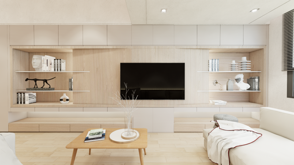 這張客廳的照片是一個簡約的設計,牆壁以白色和木色為主,中間有一個大型電視櫃,上面放著電視和裝飾品,下方有兩個抽屜。客廳的沙發是白色,上面放著一條白色毛毯。