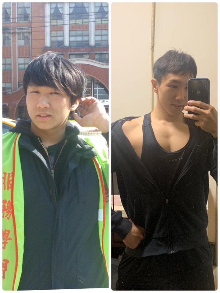 這張照片是一個對比圖,展示了同一個人從胖到瘦的變化。左邊的照片是以前的他,身穿綠色反光背心,看起來較胖;而右邊的照片是現在的他,身材健壯,肌肉線條明顯。