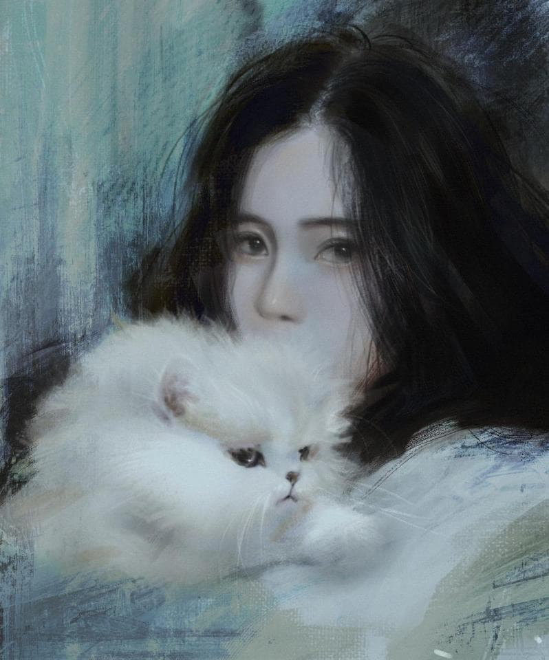 這張照片是一個年輕女子和一隻白色貓咪。貓咪看起來很可愛,牠的毛很蓬鬆,眼睛很明亮,牠正依偎在女子的懷裡。女子看起來很溫柔,她的頭髮很長,她的眼睛很漂亮,她正在輕輕地撫摸著貓咪。整體畫面充滿了溫馨和幸福。