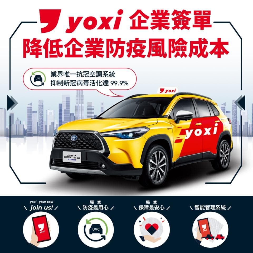 這張照片是一輛黃色的休旅車,車身印有「yoxi」的字樣,以及「企業簽單」和「降低企業防疫風險成本」的標語。