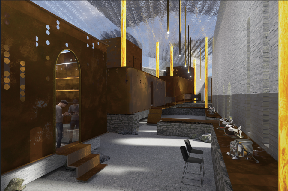 這張「室內設計」的照片是一個現代化的空間,牆壁上裝飾著生鏽的金屬板,並用石頭建造出一個小吧檯。 角落裡有兩個高腳凳,以及幾個燈光柱。