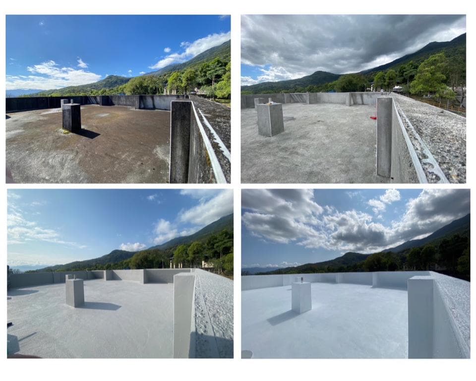 這張照片是一張屋頂防水工程的施工前後對照圖。照片顯示屋頂在施工前表面粗糙,顏色暗沉,而施工後屋頂表面光滑,顏色潔白,整體煥然一新。