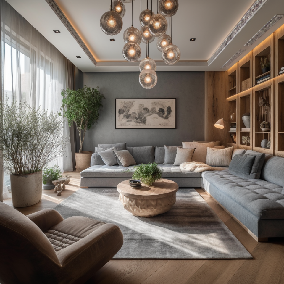 這張「現代居家設計」的照片是一個寬敞的客廳,佈置著舒適的沙發、木質地板和牆壁上的壁架,還有優雅的吊燈。
