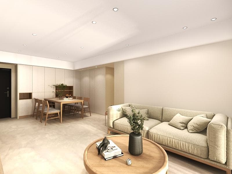 這張「客廳」的照片是一個明亮舒適的空間,中間是沙發,旁邊有一張咖啡桌,客廳裡還有一張餐桌和椅子。