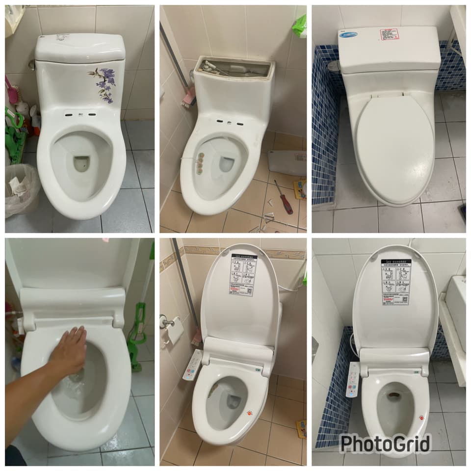 這張照片是六個不同款式的馬桶,它們的設計和功能各不相同,其中一個帶有電子控制面板,看起來非常現代化。