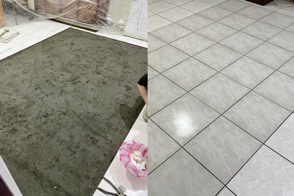 這張照片是展示地板翻新過程,從水泥鋪設到鋪上瓷磚的變化。