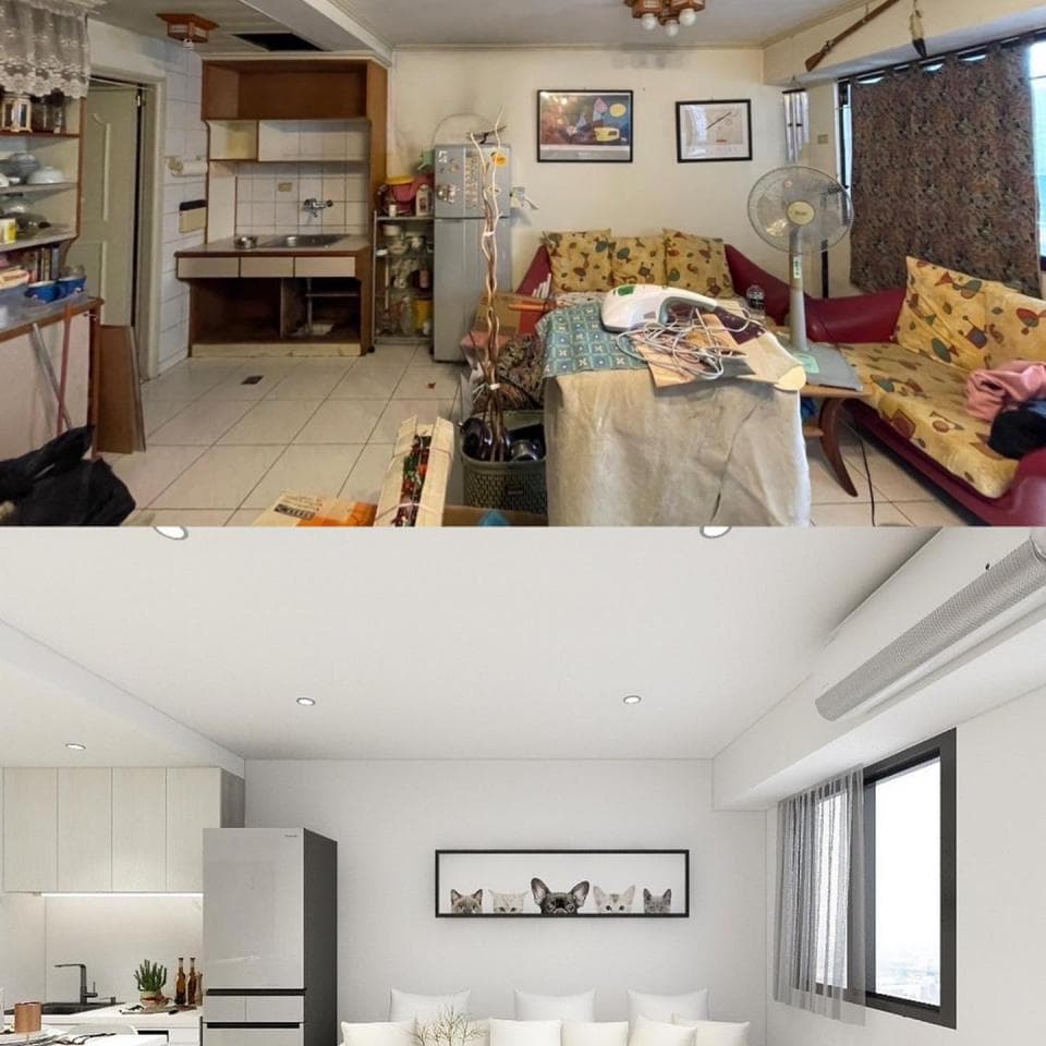 這張照片是一個房屋翻新的前後對比,最重要的是呈現了翻新後的空間變得更加現代化,明亮整潔。