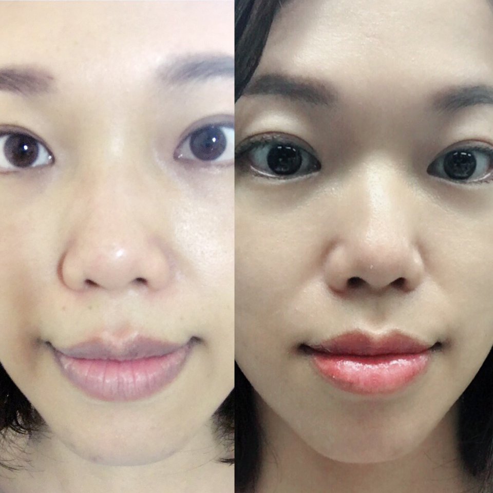 1) 照片顯示一位女性的臉部特寫,分成左右兩邊,左邊的臉看起來較為自然,右邊的臉則有明顯的妝容