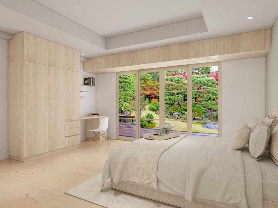 這張「臥室」的照片是一個簡約現代的臥室,房間以淺色木紋為主,大窗戶外是綠意盎然的庭園,床鋪柔軟舒適,讓人感覺放鬆自在。