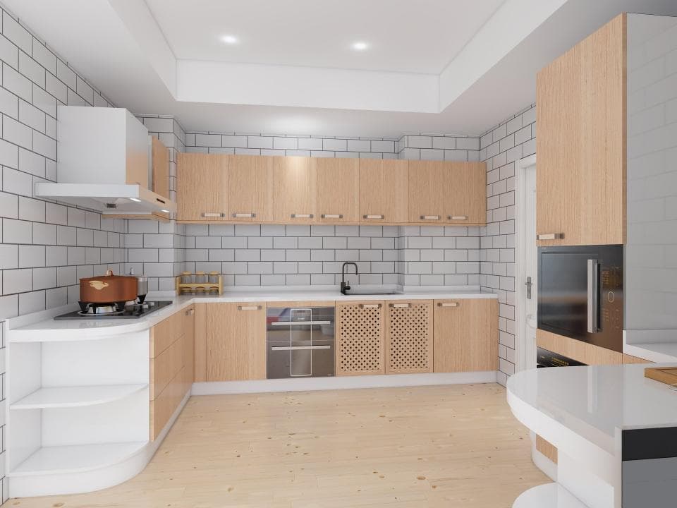 這張照片是一個現代化的廚房,其中最重要的部分是白色的 L 型櫥櫃,它擁有簡潔的設計,配有白色層架,為廚房增添了清新感。