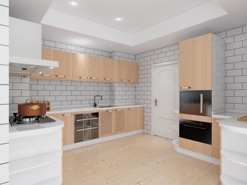 這張照片是一間現代化的廚房,最顯眼的特點是木質的櫥櫃和白色的瓷磚牆,營造出溫馨舒適的氛圍。