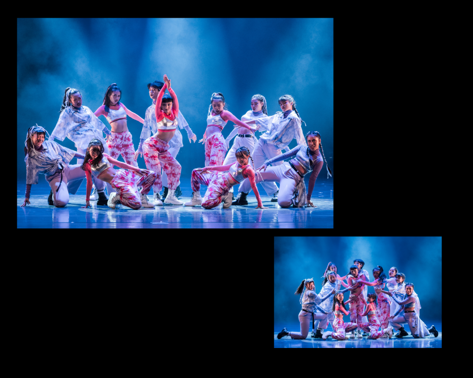 這張「舞蹈表演」的照片是一群年輕女孩在舞臺上跳舞。她們穿著白色和紅色系的服裝,動作充滿活力,展現了青春的熱情和活力。