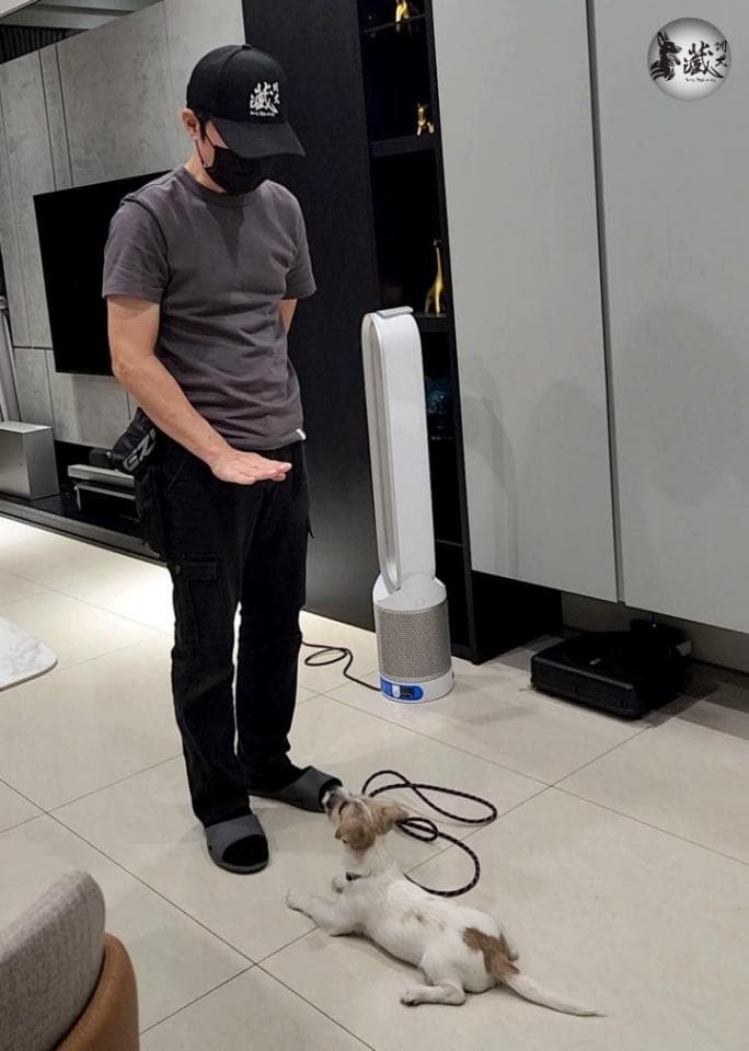 這張「一位穿著黑色衣服的男子站在白色電風扇旁邊,一隻白色小狗在他腳邊」的照片是。