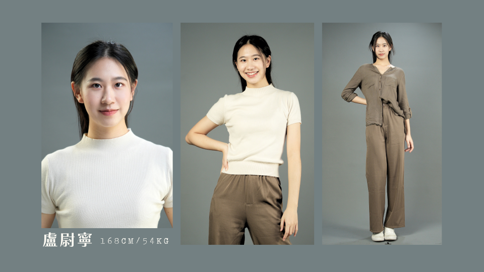 這張「模特兒」的照片是一個年輕女性,她穿著白色短袖上衣和棕色褲子,展現出自信的笑容。