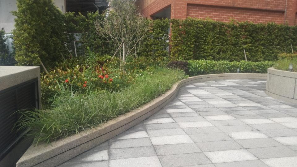 這張照片是一條彎曲的石板路,路旁種滿綠色植物,圍繞著一個花壇,花壇裡有紅色的小花。