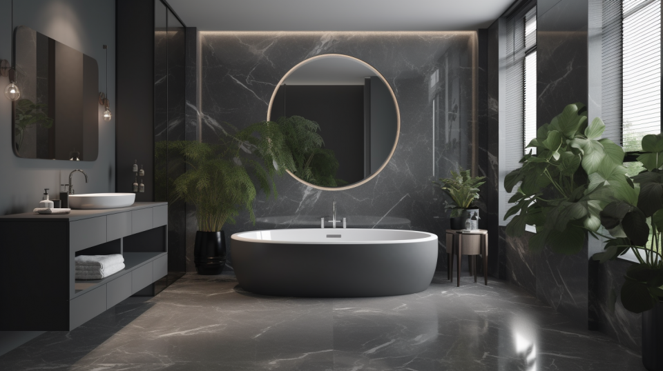 這張照片是一個現代化的浴室,最重要的是一個黑色的獨立式浴缸,它位於房間的中心,被植物和一面圓形鏡子所包圍。