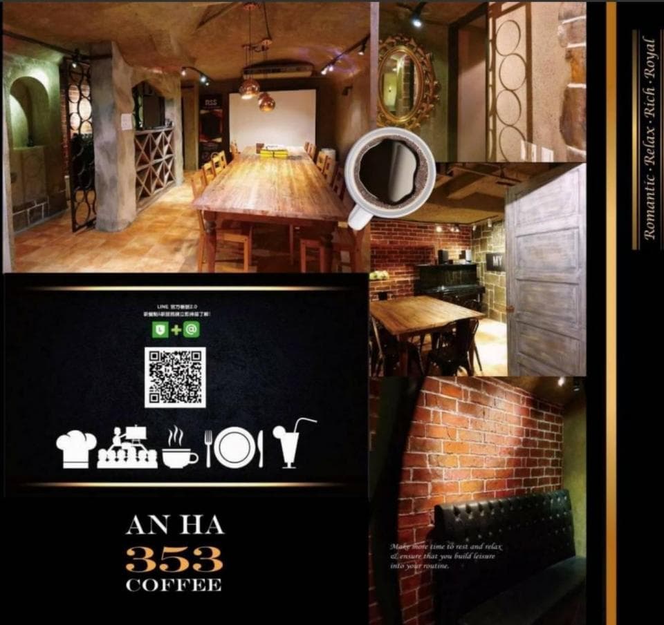 這張照片是一個咖啡廳的宣傳海報,最重要的是中間的黑底白字的「AN HA 353 COFFEE」,下方還有咖啡杯的圖案,展現了咖啡廳的品牌形象。
