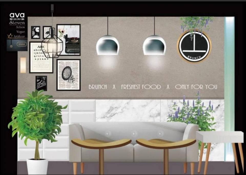 這張「簡約風格餐廳」的照片是一間以簡約風格裝潢的餐廳,牆上掛著幾幅裝飾畫,並搭配兩盞吊燈,餐廳中央擺放著一張沙發和一張小桌子,整體設計非常簡潔大方。