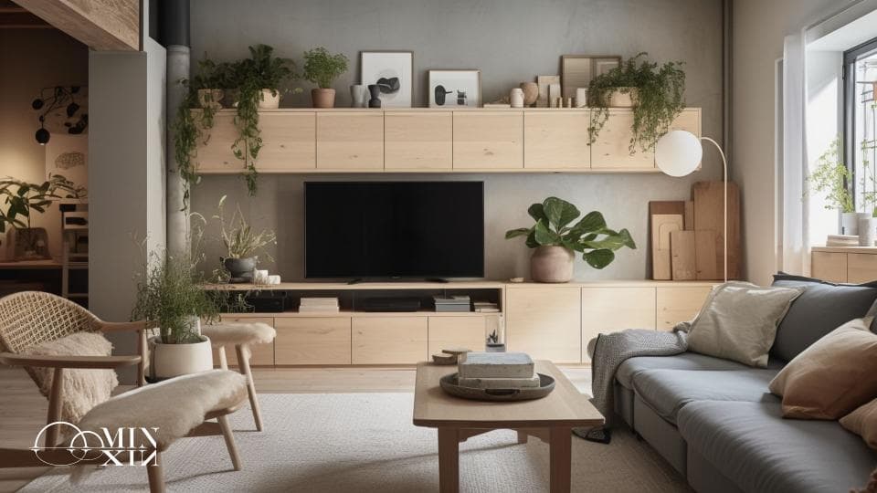 這張「客廳」的照片是木製的傢俱,包括一個電視櫃和一個沙發,沙發旁邊有一張茶几,牆壁上裝飾著一些植物,整體感覺溫馨舒適。