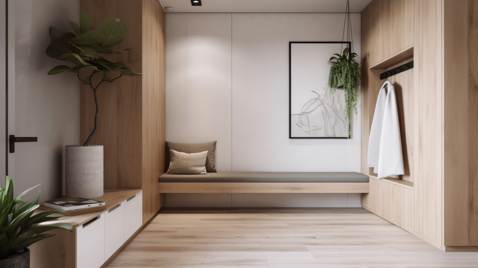 這張「玄關」的照片是一個現代化的空間,有著木質地板,牆上掛著一幅畫,下方有一個木質長凳,旁邊還有木質櫃子,上面放著一盆植物。