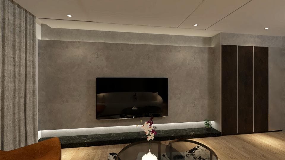 這張「客廳」的照片是一個現代化的客廳,牆壁上有一臺電視,旁邊有一組木質櫥櫃,地板是木地板。