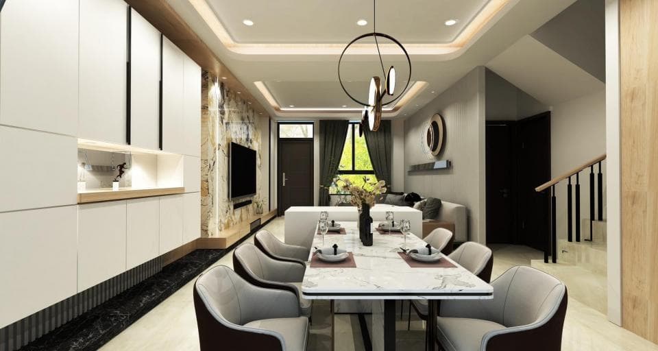 這張「現代化住宅」的照片是一間簡潔明亮的餐廳,中間是一張白色的長方形餐桌,四周擺滿了椅子,牆上裝飾著木質裝飾,房間的色調以白色、灰色和黑色為主。