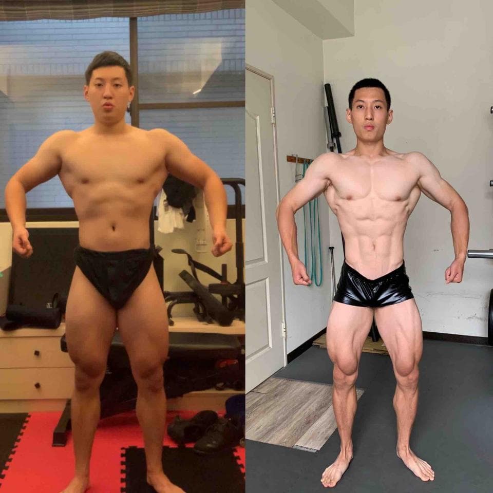 這張照片是一個健身前後對比照。照片的重點在於展現了健身前後的體型變化,左邊是健身前的,右邊是健身後的。