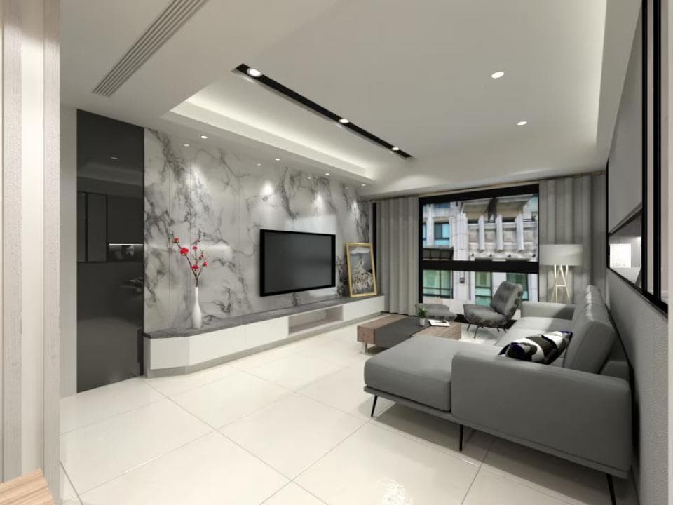 這張客廳的照片是一個現代化的居家空間,以白色大理石牆面為背景,搭配灰色沙發,營造出簡潔明亮的風格。客廳中央擺放著一張低矮的茶几,電視牆上則掛著一臺液晶電視,整體設計以舒適和簡約為主。