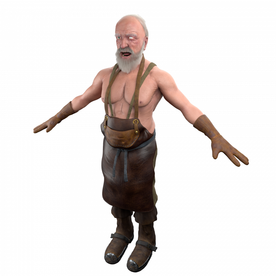 1) 照片顯示一位身穿皮製圍裙、戴著皮手套的老人,他的頭上有白髮,臉上也長著白鬍子,表情看起來很生氣,穿著棕色長褲和黑色的靴子,他雙手向外張開,背景是黑色