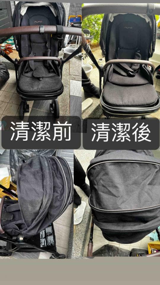 1. 這張照片展示了同一台嬰兒車在清潔前後的狀態