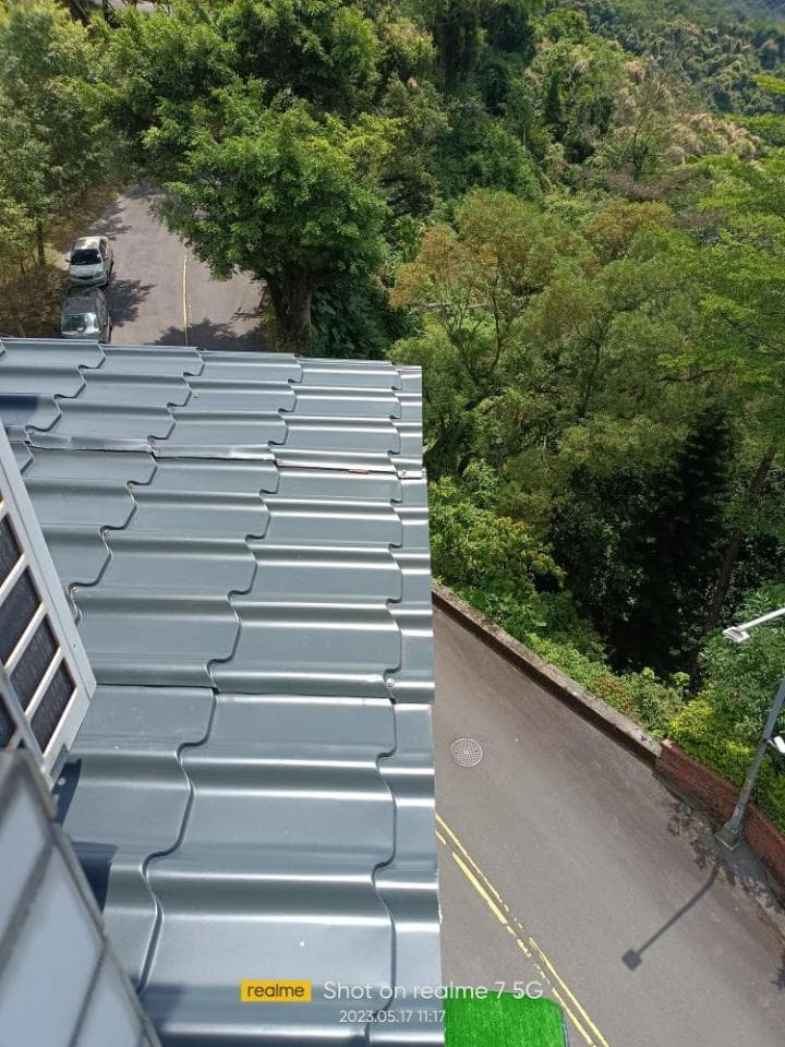 這張「屋頂」的照片是從高處往下拍的,可以看到屋頂上的瓦片,還有遠處的綠色樹木。