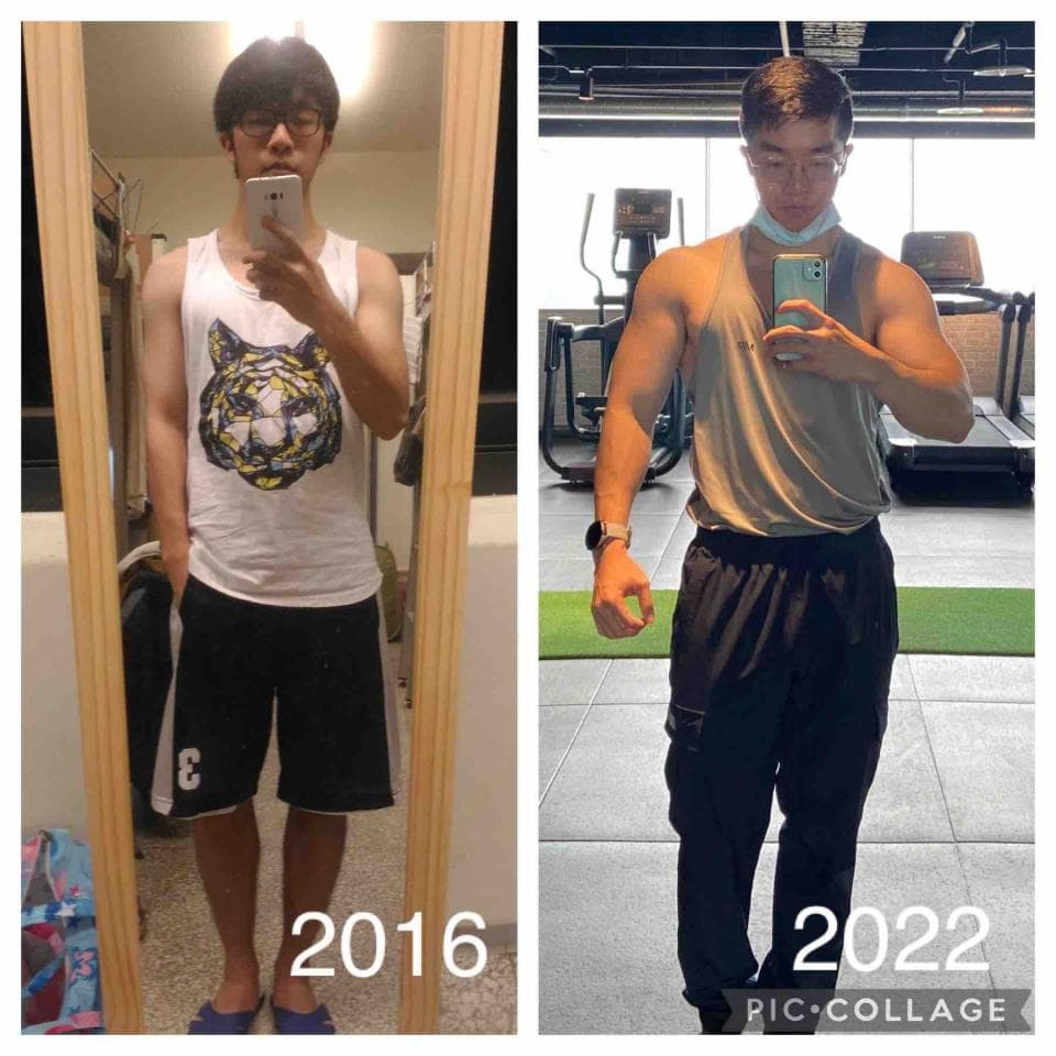 這張照片是兩個不同時間的同一個人,展示了他從 2016 年到 2022 年的身體變化。照片左側是 2016 年的照片,右側是 2022 年的照片。照片中的人身材明顯變壯了,可以看出他經過努力鍛鍊,變得更健康更有肌肉。