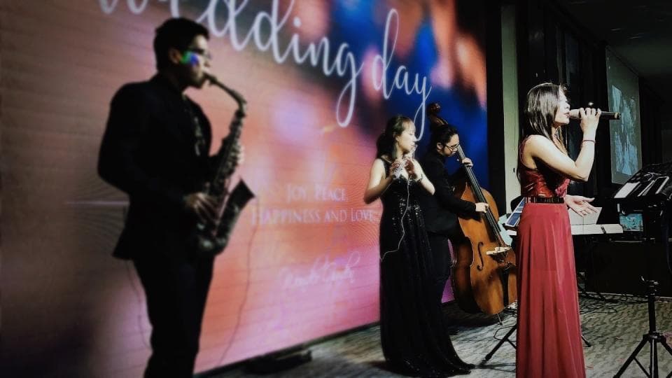 這張「婚禮樂團」的照片是一個正在表演的樂團,包括一名吹薩克斯風的男性,一名女性歌手,一名彈奏低音提琴的男性,以及一名彈奏其他樂器的女性。