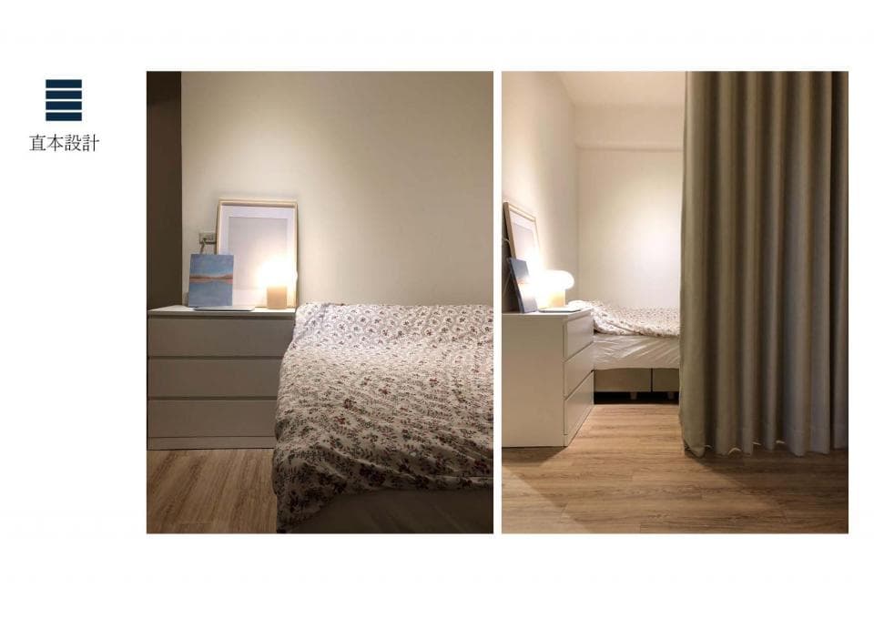 這張照片是一間佈置簡單,色調溫馨的臥室,床頭櫃上有一個小夜燈,床頭旁的窗戶灑入柔和的陽光,讓房間顯得更加舒適。