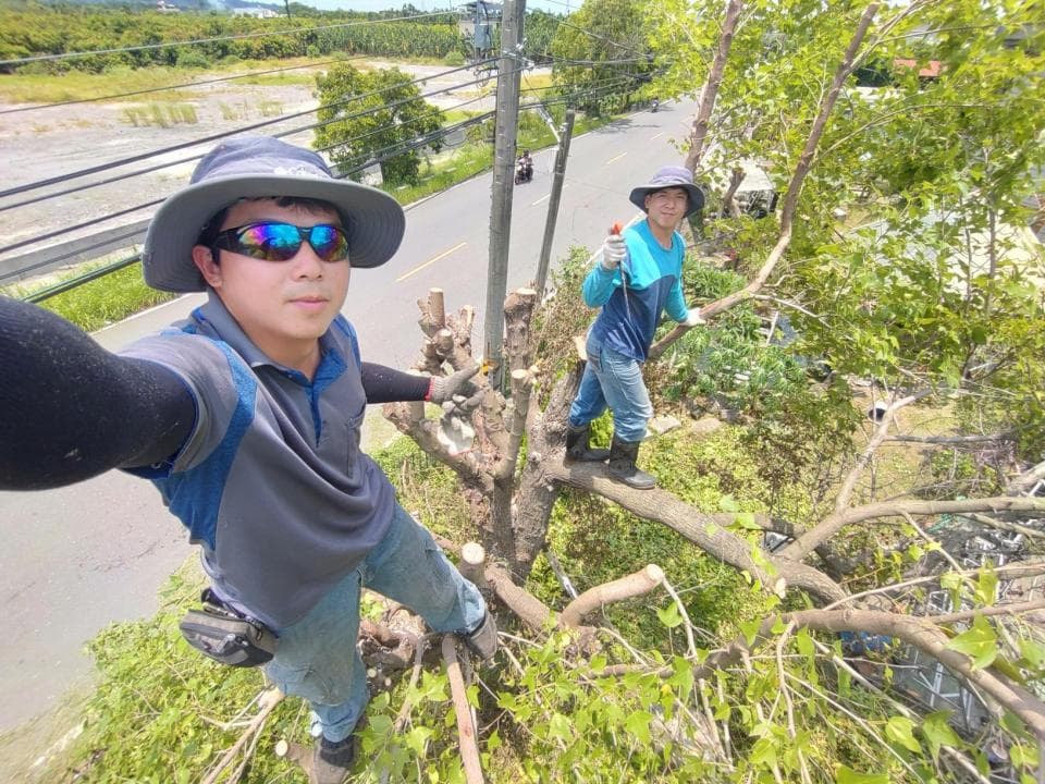 1) 照片中顯示兩名男子在樹上