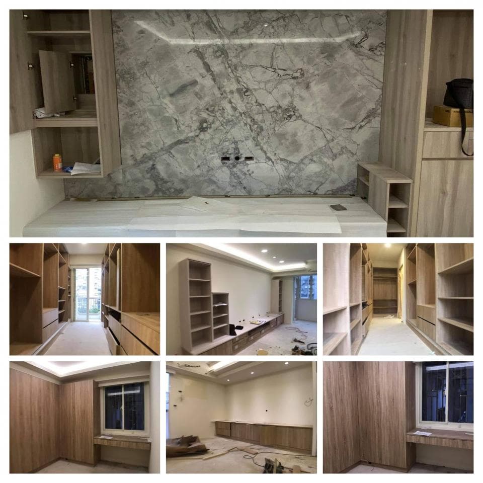 1) 照片顯示一個正在裝修中的公寓,有臥室、客廳和走道