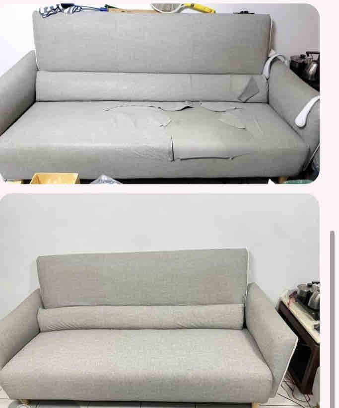 1) 照片顯示兩張沙發,一張沙發已經破損了,另一張看起來是全新的