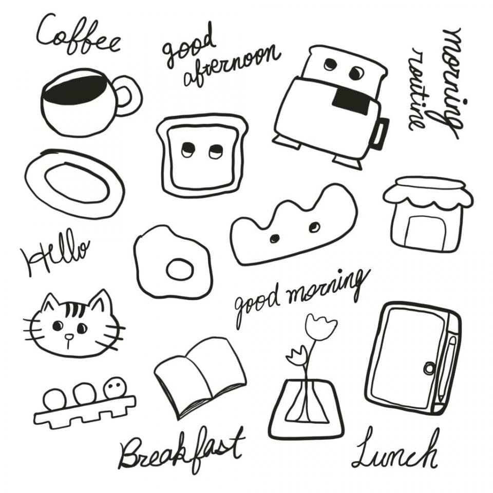 這張照片是一張簡單的塗鴉,畫滿了早餐、午餐和下午茶的元素,像是咖啡杯、吐司、煎蛋、貓咪等等,感覺非常溫馨可愛。