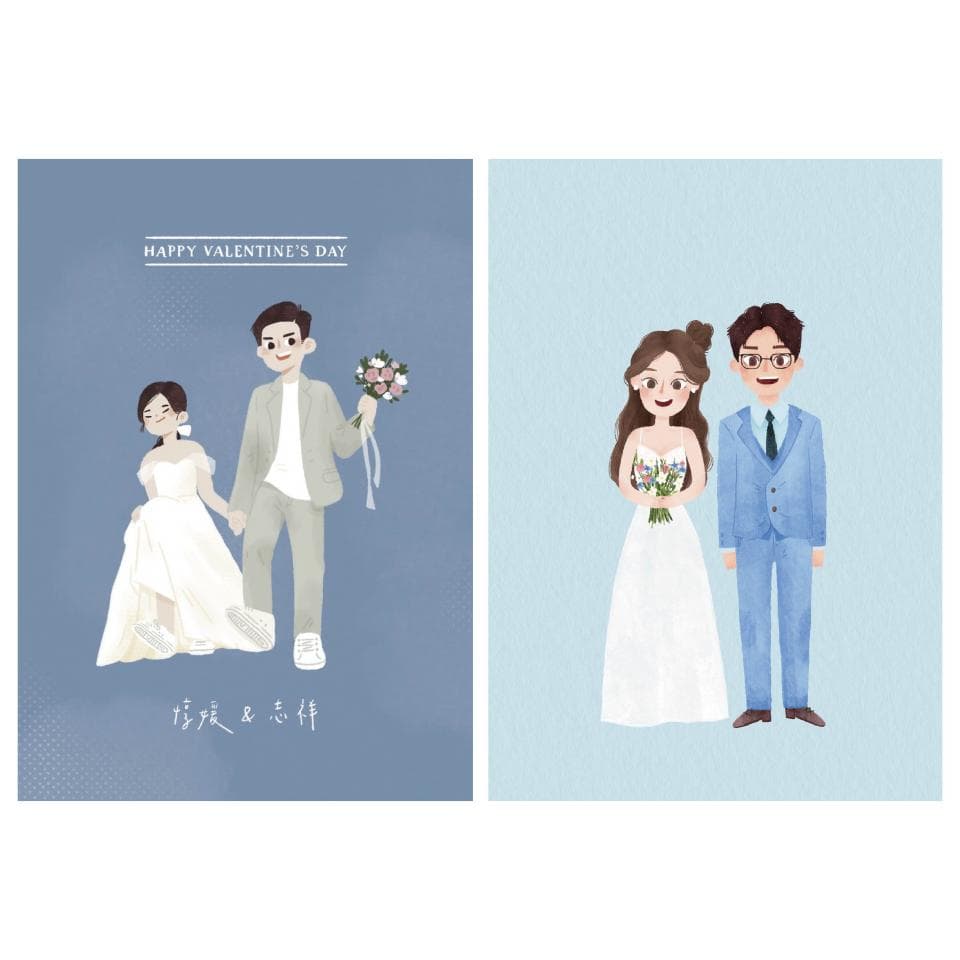 這張「結婚證書」的照片是,一對新人在兩張卡片上,穿著婚紗禮服,手持花束,並寫著「情人節快樂」和他們的姓名。