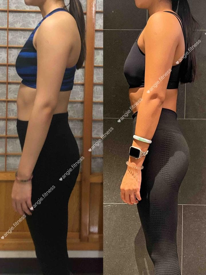 這張照片是兩張相同女性的照片,兩張照片顯示了女性運動前後的體型變化。左側照片顯示運動前體型,右側照片顯示運動後體型。